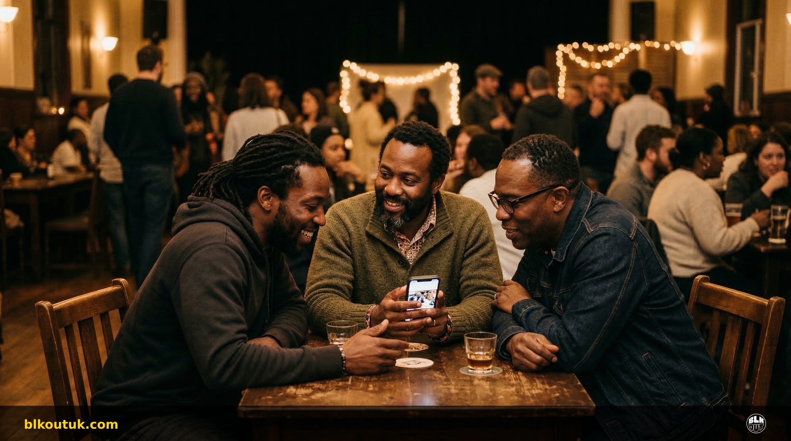 Three Black men in warm conversation at a community gathering, sharing a phone screen, golden lighting